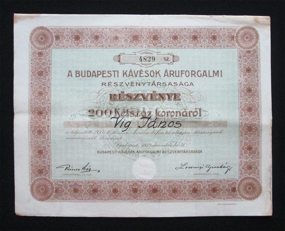 Budapesti Kvsok ruforgalmi rszvny 200 korona 1919